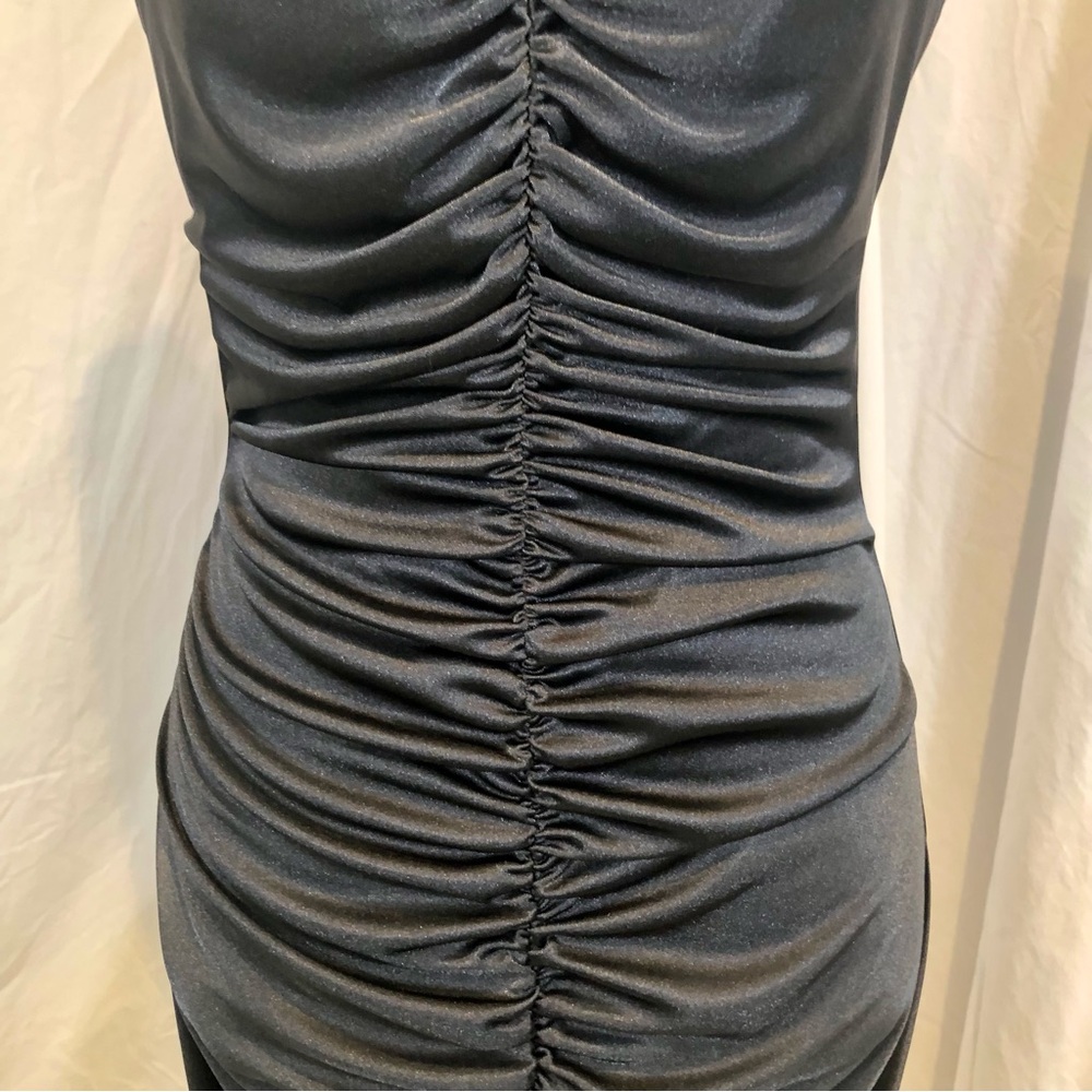 Vintage 1970s Ruched Stretch Knee-Length Disco Dress w/ Rhinestone Straps - Picture 4 of 16